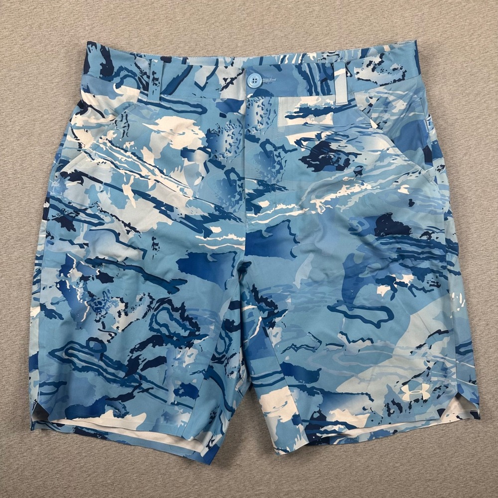 Under Armour Golf Shorts Mens 34 Blue White Abstract Camo Loose Fit HeatGear